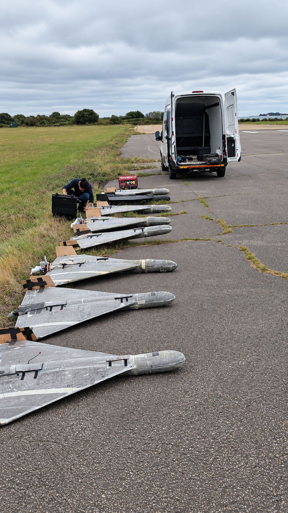 A batch of ICARUS airframes lined up beside the support van