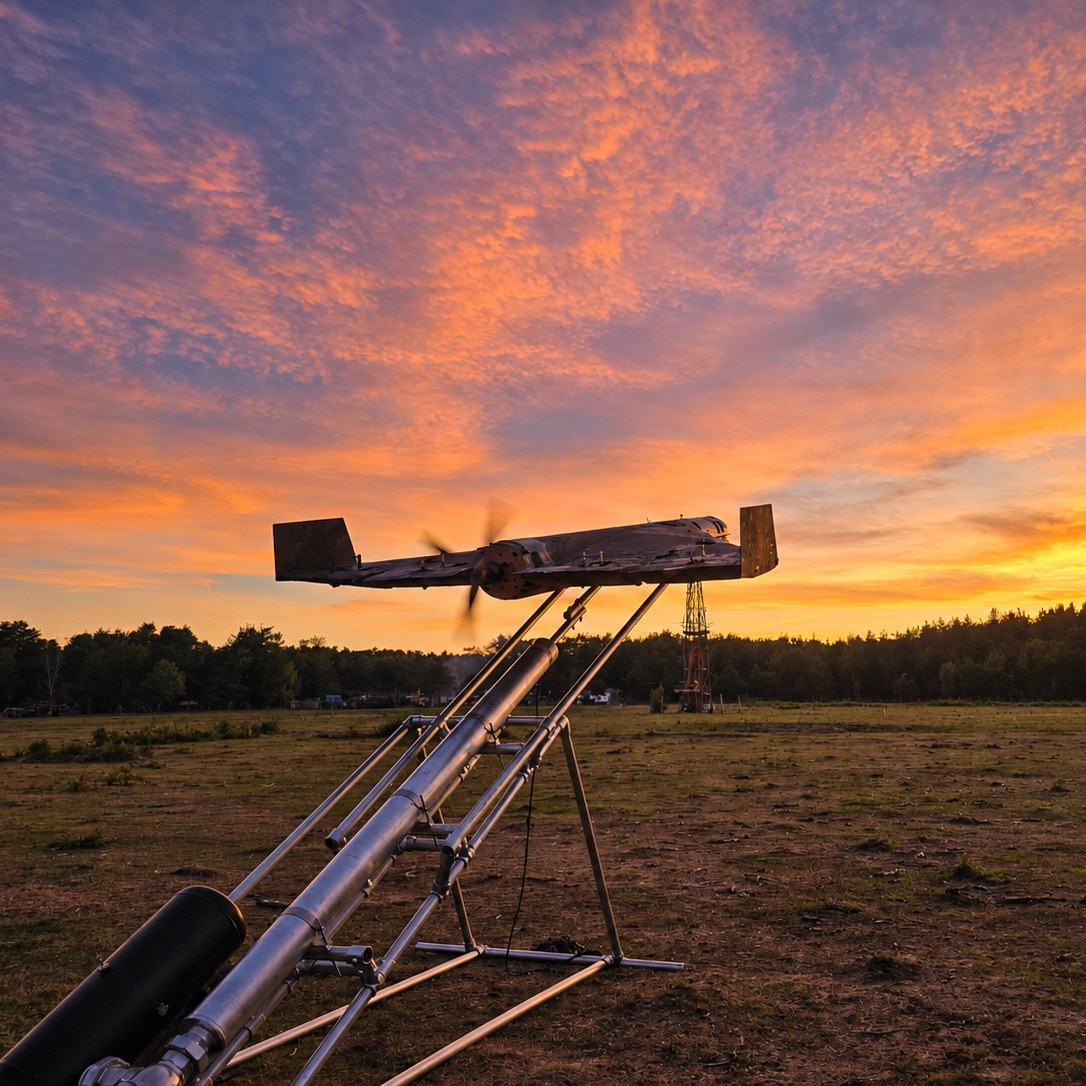 ICARUS on the PL-1 launcher at sunset, ready to fly
